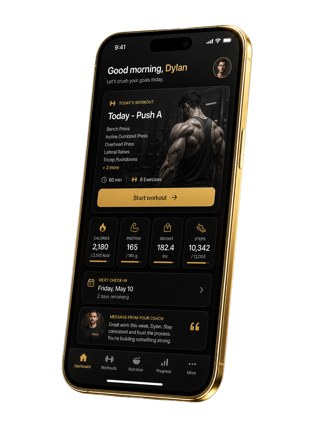 FYD Connect coaching app met trainingsschema, voeding en progressie op een smartphone
